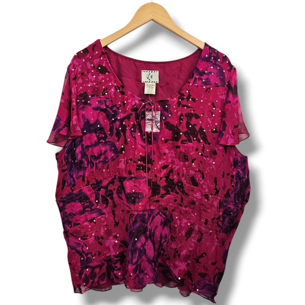Y2K 90s ICE Silk Top 3X Pink Floral Sequin Empire Waist Flutter Sleeve Fairy NEW